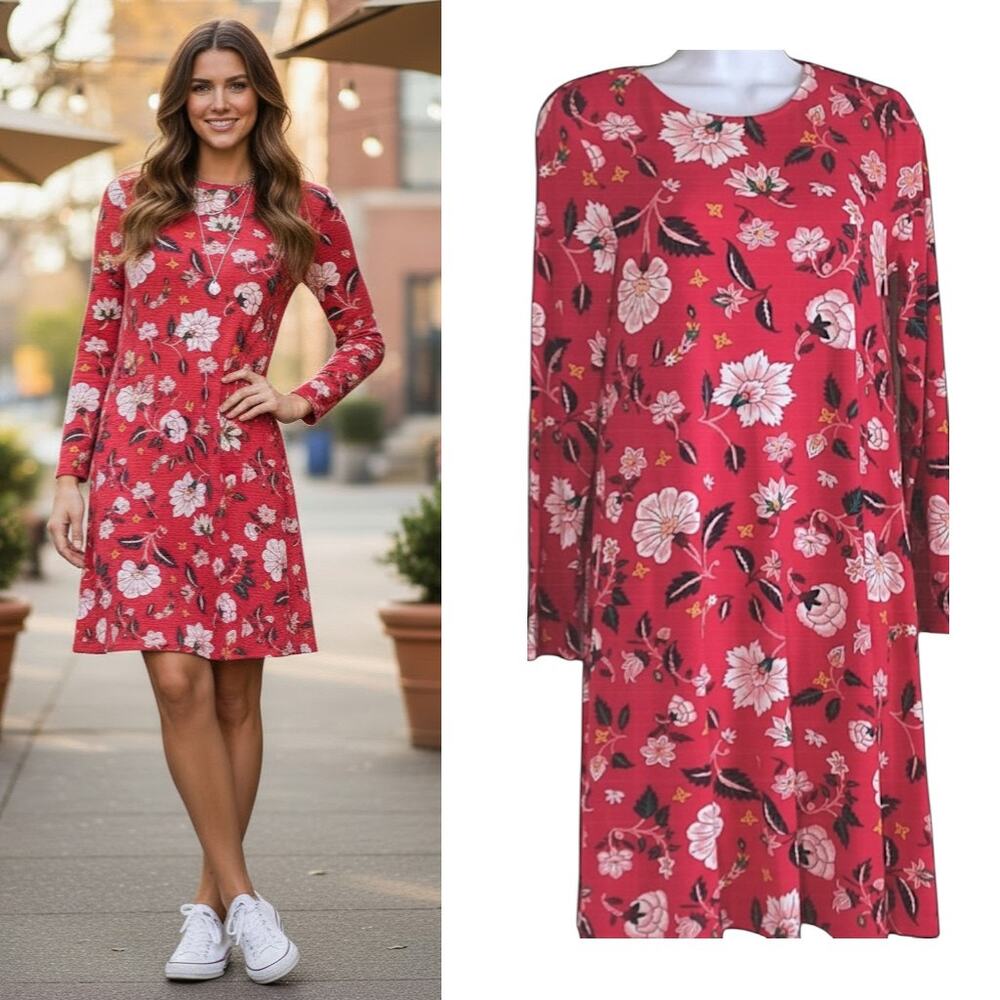 Old Navy Stretch Knit Dress Women's Size S Red Floral Long Sleeve Knee Length